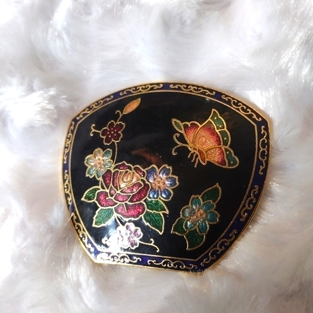 Vintage cloisonne butterfly Rose floral flower gold black and blue enamel brooch